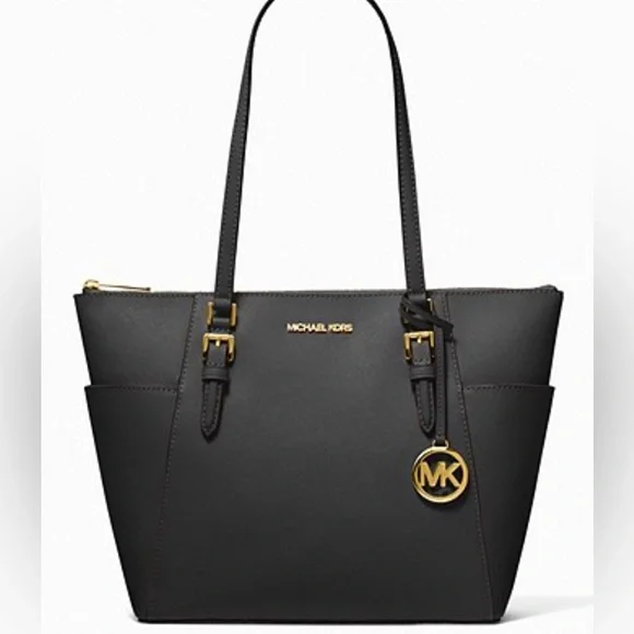 MICHAEL KORS LARGE “CHARLOTTE” SAFFIANO BLACK LEATHER ZIP-TOP TOTE